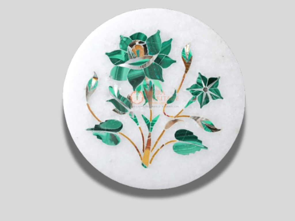 Round Marble Malachite Coaster Set Inlay Floral Home Decor Gifts